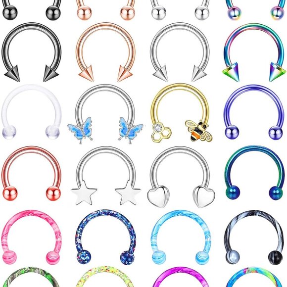 24 pcs Hypoallergenic Stainless Steel Septum and Cartilage Nose Rings Set with C - Picture 1 of 8